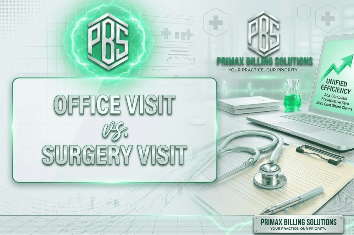 Primax Billing Solutions promotional graphic featuring the title "OFFICE VISIT vs. SURGERY VISIT" alongside medical office elements including a stethoscope, clipboard, laptop, and company branding logos.