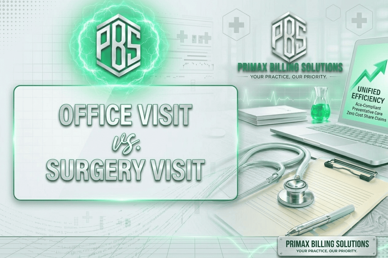 Primax Billing Solutions promotional graphic featuring the title "OFFICE VISIT vs. SURGERY VISIT" alongside medical office elements including a stethoscope, clipboard, laptop, and company branding logos.