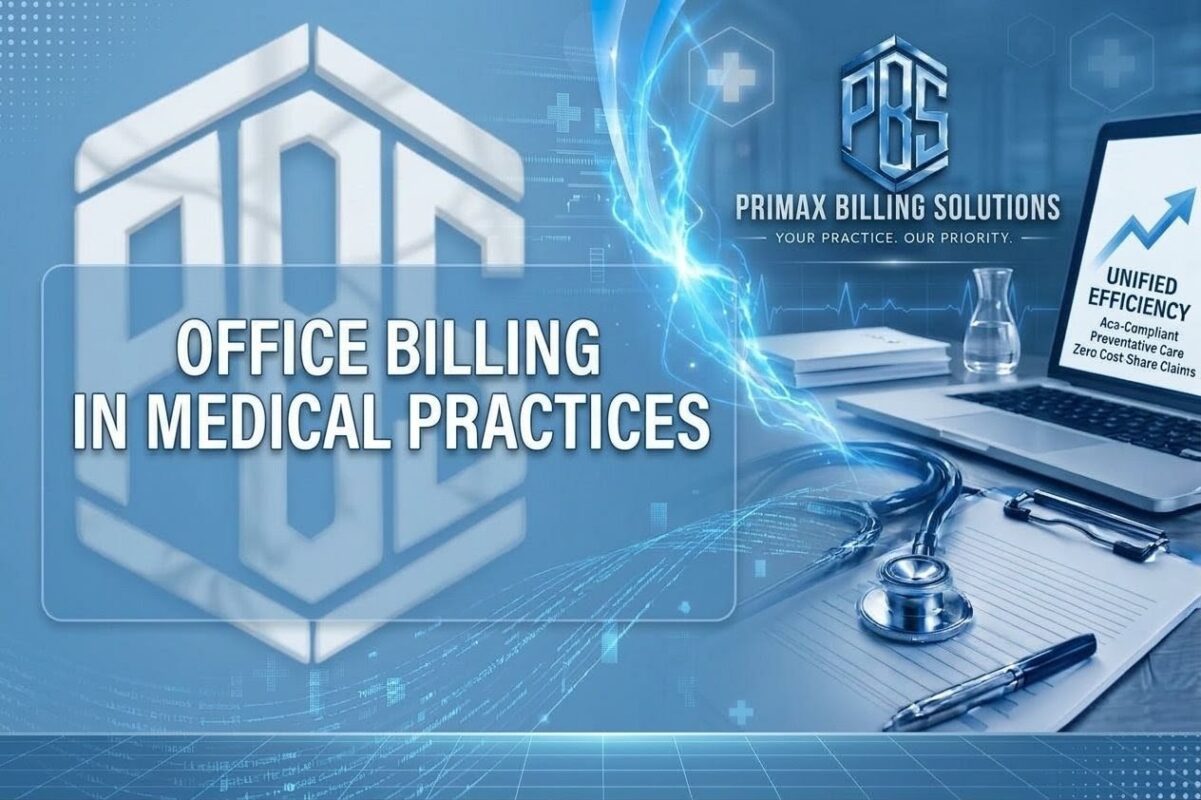 Medical billing specialist reviewing insurance claims and patient documentation in a healthcare office