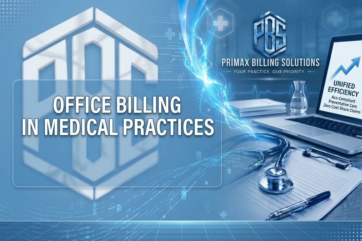 Medical billing specialist reviewing insurance claims and patient documentation in a healthcare office