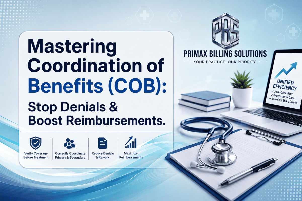 Diagram illustrating Coordination of Benefits (COB) in medical billing with primary and secondary insurance verification by PrimaxBS