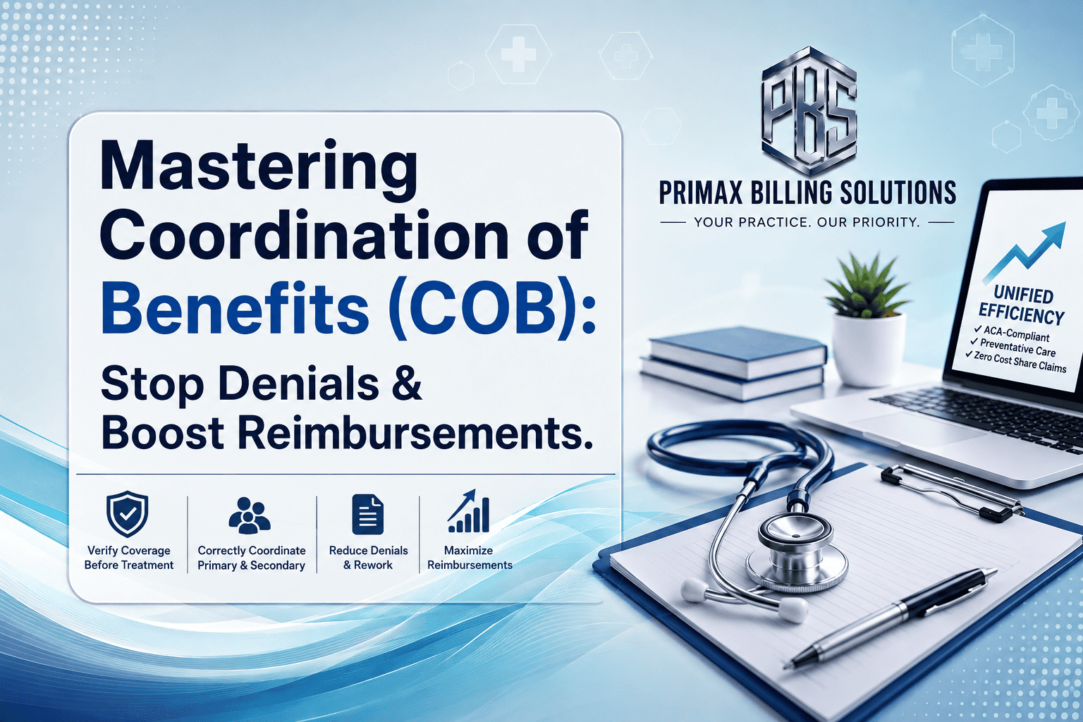 Diagram illustrating Coordination of Benefits (COB) in medical billing with primary and secondary insurance verification by PrimaxBS