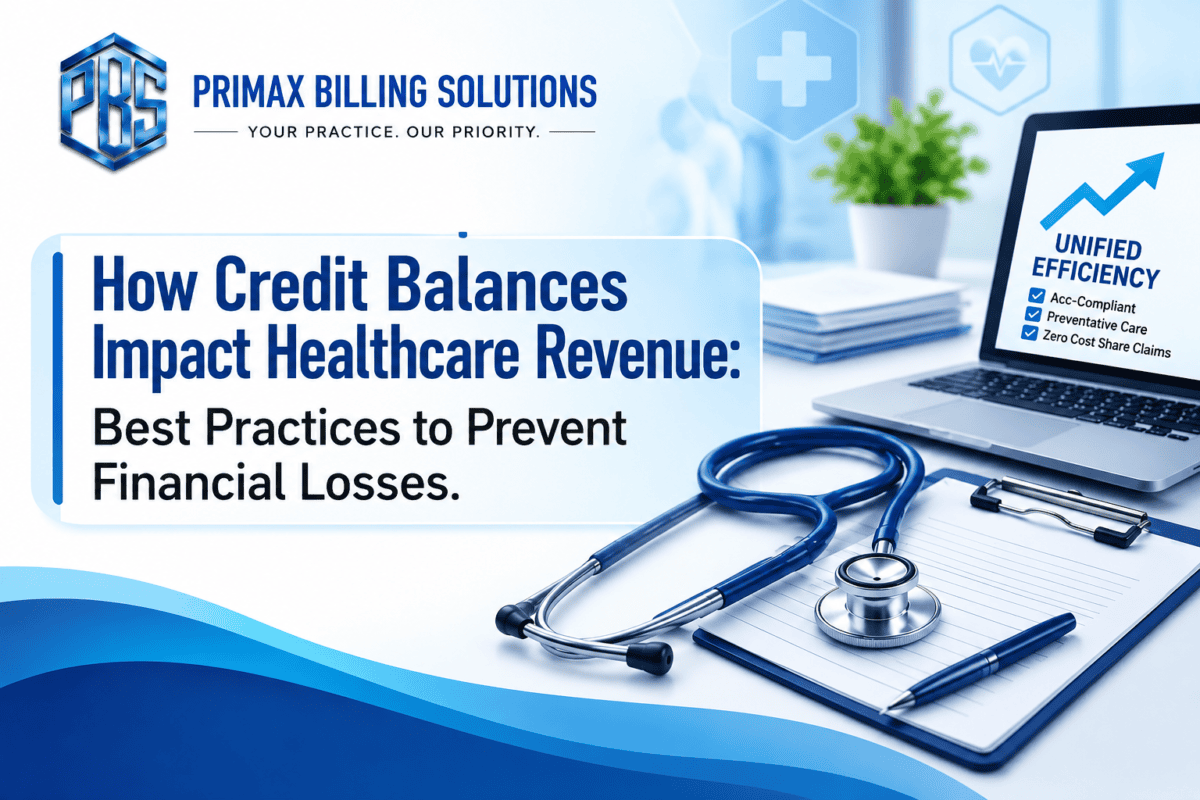 A medical billing specialist reviewing healthcare revenue cycle reports and credit balance balances on a computer screen to prevent financial losses.