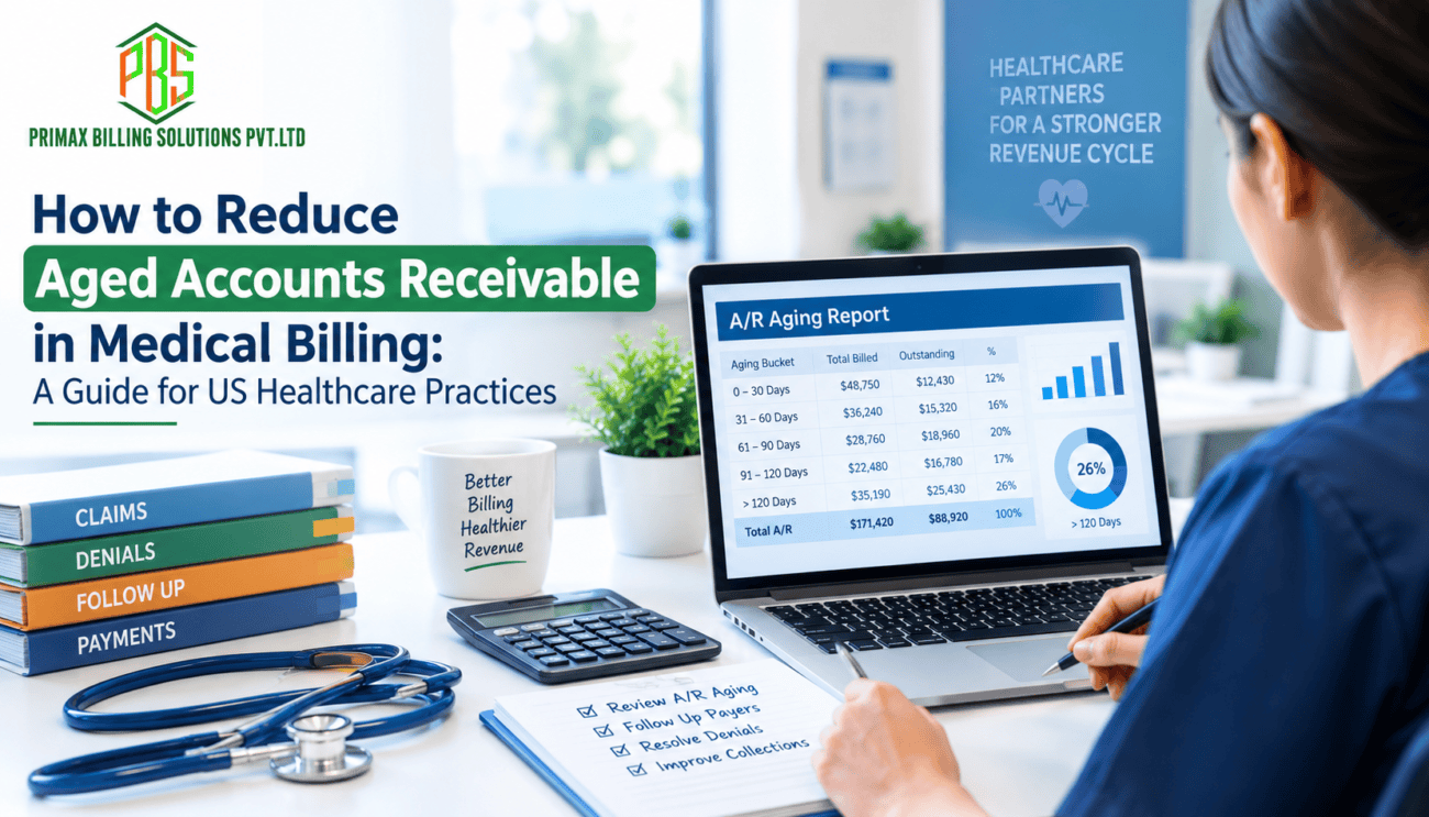Medical billing specialist reviewing an aged accounts receivable report for a US healthcare practice