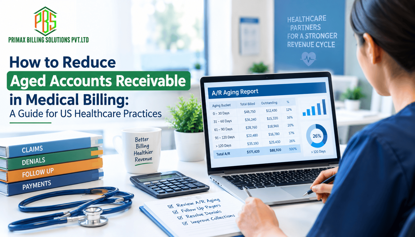 Medical billing specialist reviewing an aged accounts receivable report for a US healthcare practice