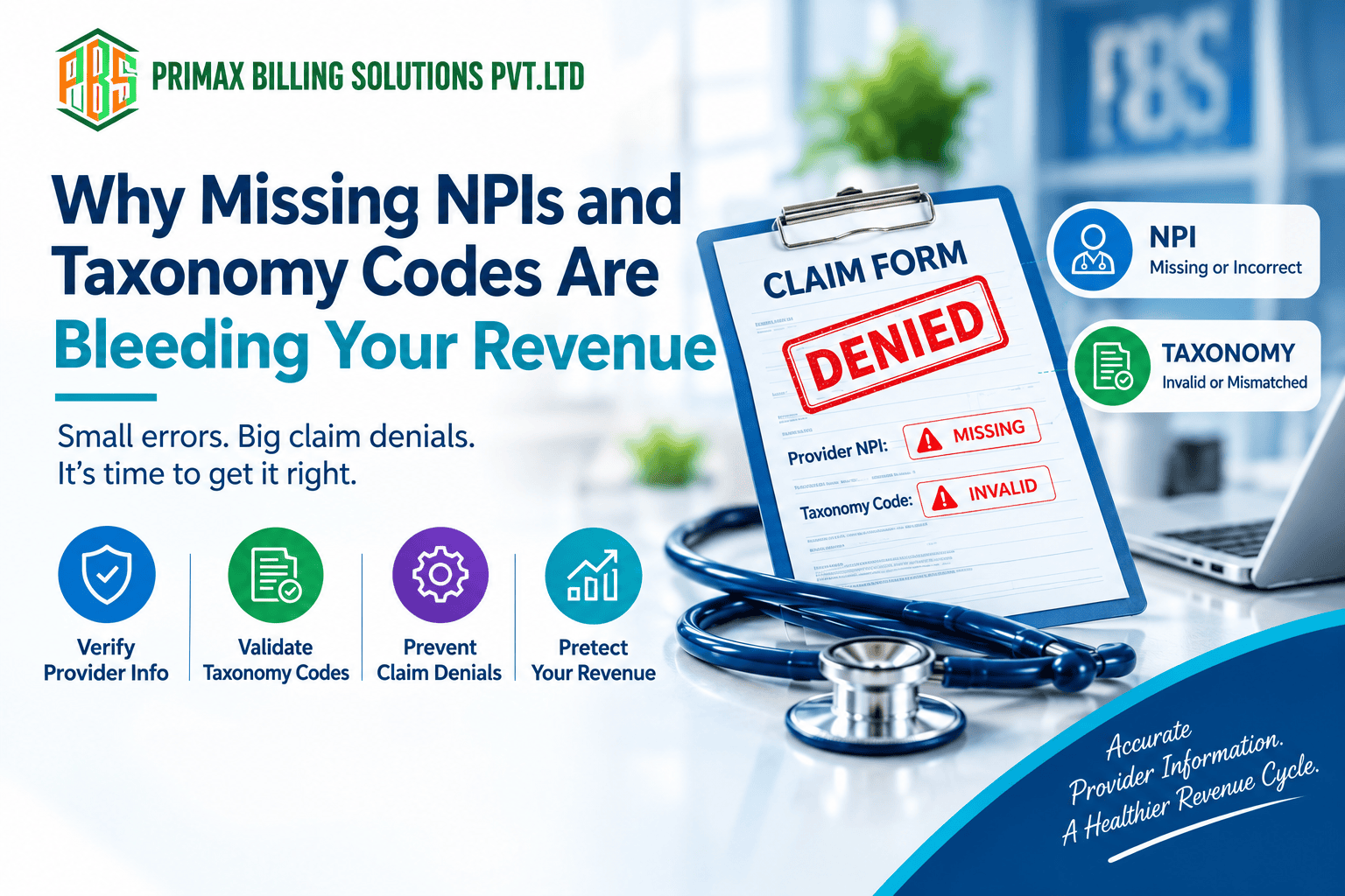 Missing NPIs and incorrect taxonomy codes causing medical billing claim rejections and revenue delays